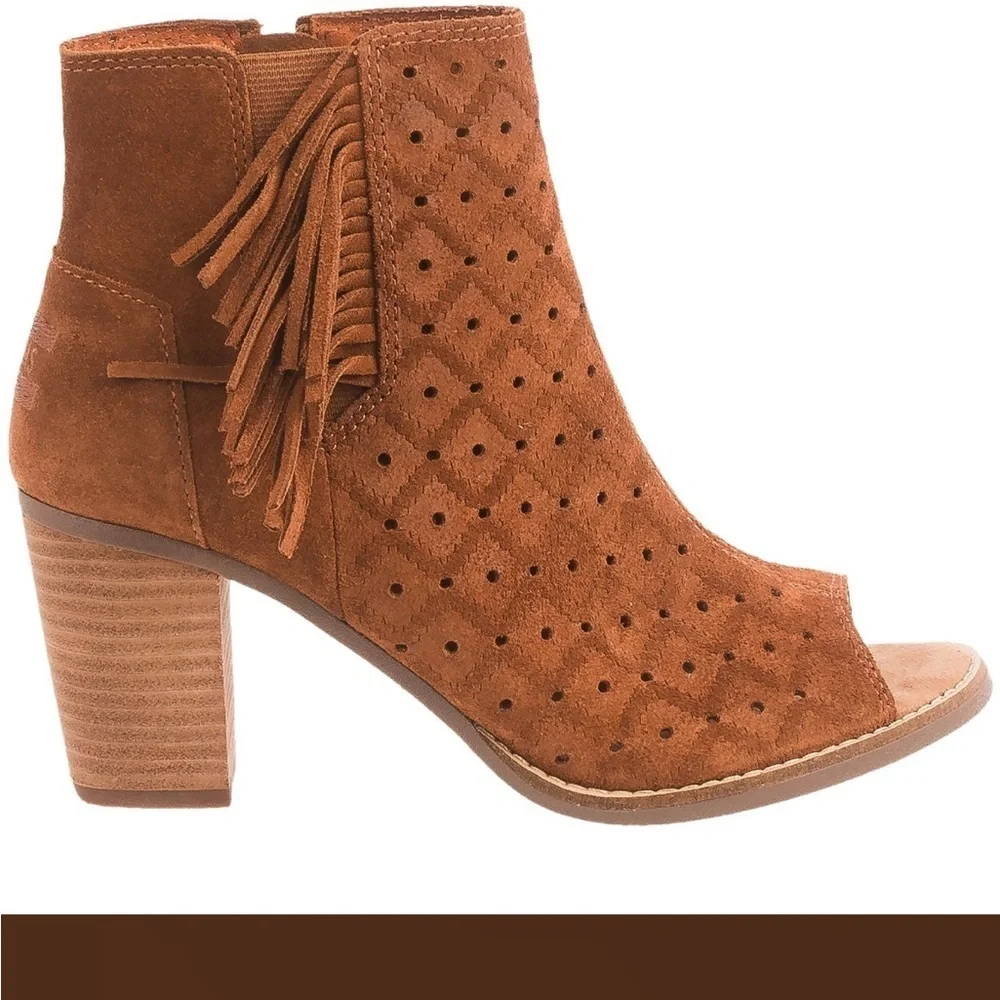TOMS Rust Tassel Fringe Suede Leather Peep Toe Booties Size 6.5